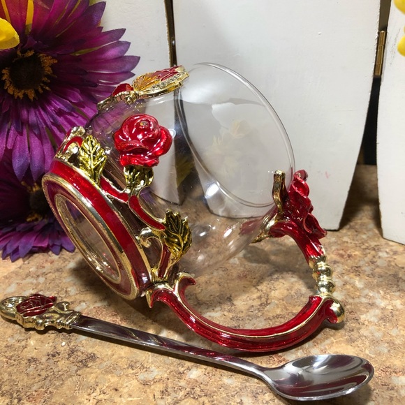 New Kpcuistic Red Rose & Butterfly Tea/Coffee Mug W/Silver Spoon & Coaster - Picture 8 of 11